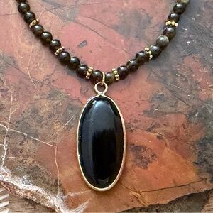 New Deep Black Obsidian Oval Pendant On Beaded Obsidian Necklace